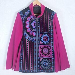 Bob Mackie Wearable Art Leather Embroidered Zip Jacket Knit Ribbed Sleeves Sz 1X